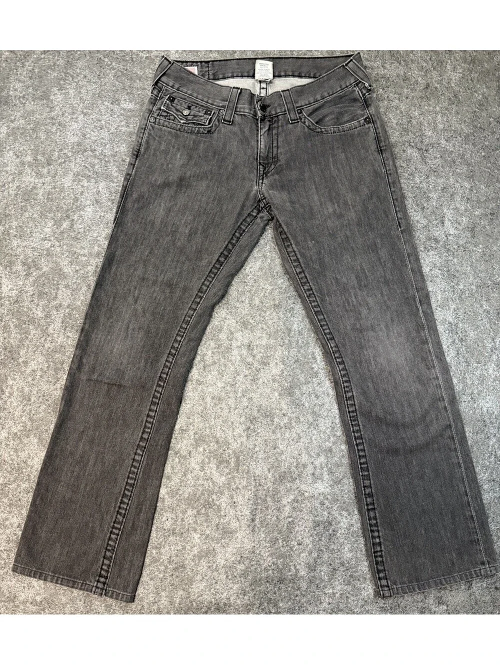 True Religion Billy Straight Leg Jeans Mens 32x28 Gray Black Made In USA Flap